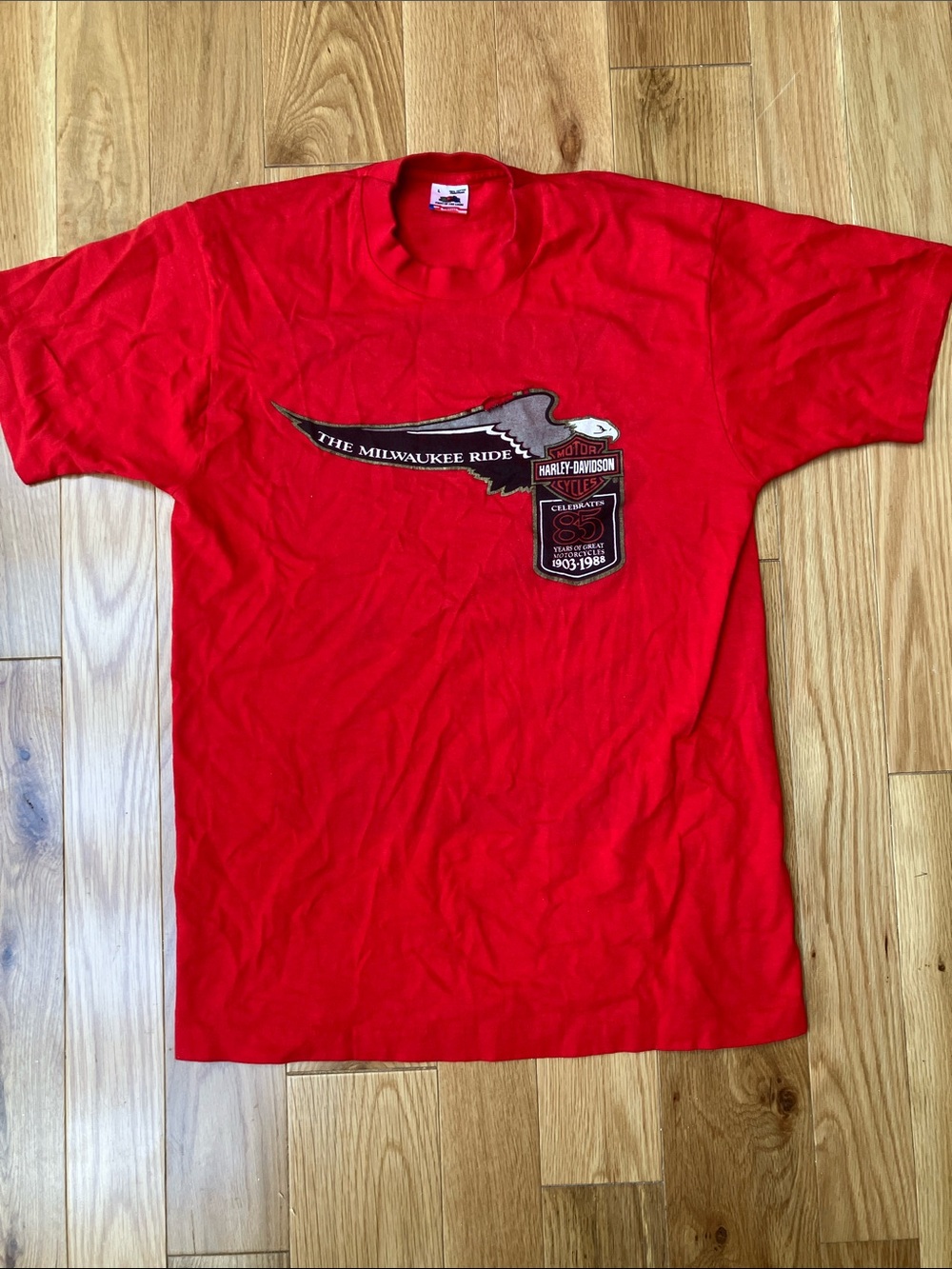 Vintage 80s Harley-Davidson Red Short Sleeve Tee with Eagle 1988 Milwaukee